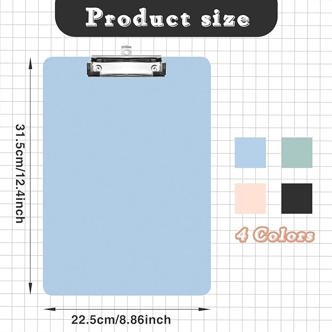 4 Pack Plastic Clipboards Multiple Colors Clip Boards with Low Profile Metal Clip,Hangable Low Profile Clipboard, Standard A4 Letter Size for Students, Teacher,Doctor, Nurse,Office Clerk