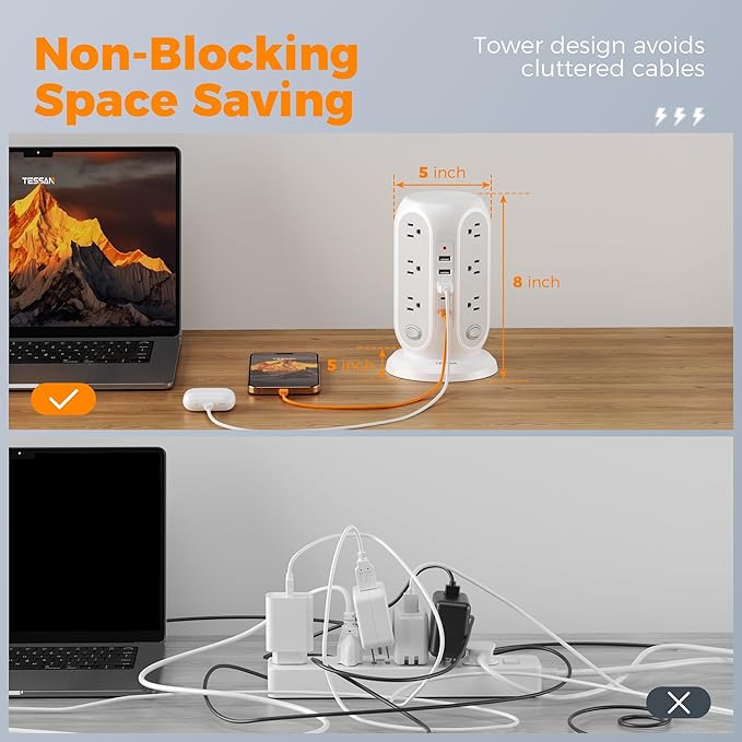 TESSAN 15 ft Extension Cord Tower Power Strip, 4 Individual Switches with 12 AC Outlets, 5 USB Ports (2 USB C), Surge Protector Flat Plug, Long Extension Cord with Multiple Outlets for Office, Dorm