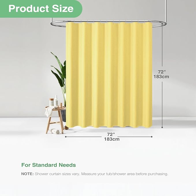 Dynamene Yellow Fabric Shower Curtain - Waffle Weave Textured Heavy Duty Cloth Shower Curtains for Bathroom, 256GSM Hotel Luxury Weighted Bath Curtain Set with 12 Hooks,72x72, Yellow