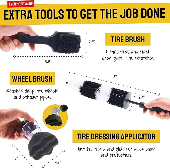 Boar Hair Detailing Brush Set - 9-Pack - Includes Wheel, Tire Brush & Tire Dressing Applicator - Soft Boar Hair Bristles - Scratch-Free Car Wash - Crevice Tools for Vents & Emblems