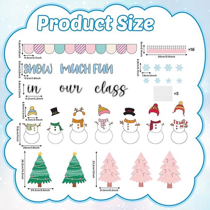 Winter Bulletin Board Decoration Set Xmas Tree Snowflakes Classroom Paper Cutouts Winter Snowman DIY Photo Bulletin Board Paper Decor for Christmas Holiday School Classroom Home Chalkboard Wall Decor
