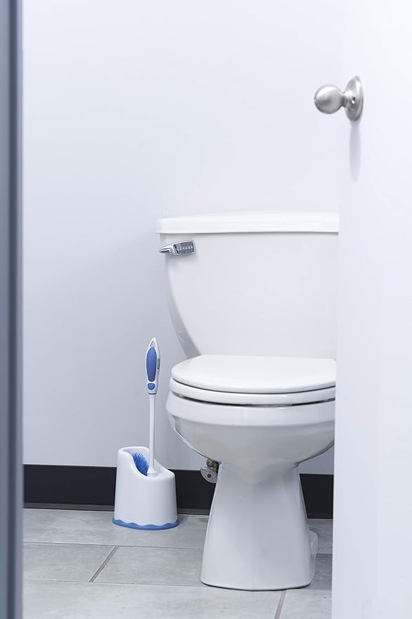 Superio Toilet Bowl Brush and Holder with Under Rim Cleaner for Bathroom, Toilet Brush and Caddy with Non Scratch Bristles and Under Rim Lip Brush, White and Blue (2 Pack)