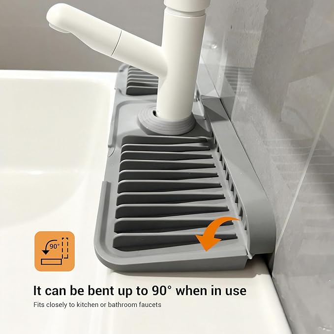 Faucet Mat for Kitchen Sink, 14"X5.5" Silicone Sink Splash Guard with Soap Holder, Snap-On Design & 7°slope Fast Drain, Folding Sink Faucet Mat for Universal Kitchen Bathroom Sink（Grey）