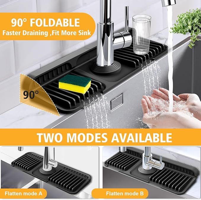 14.6-Inch Kitchen Sink Splash Guard Mat | 7° Slope for Fast Self-Draining | Snap-Lock Design | Universal & Cuttable Silicone Faucet Mat BLACK
