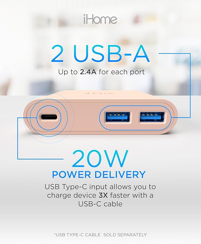 iHome 32W AC Pro Multi Port USB Wall Charger Block - Charging Station for Multiple Devices with 3 Ports (1 USB-C, 2 USB-A) - Fast Charging, Universal Compatibility (Pastel Pink)