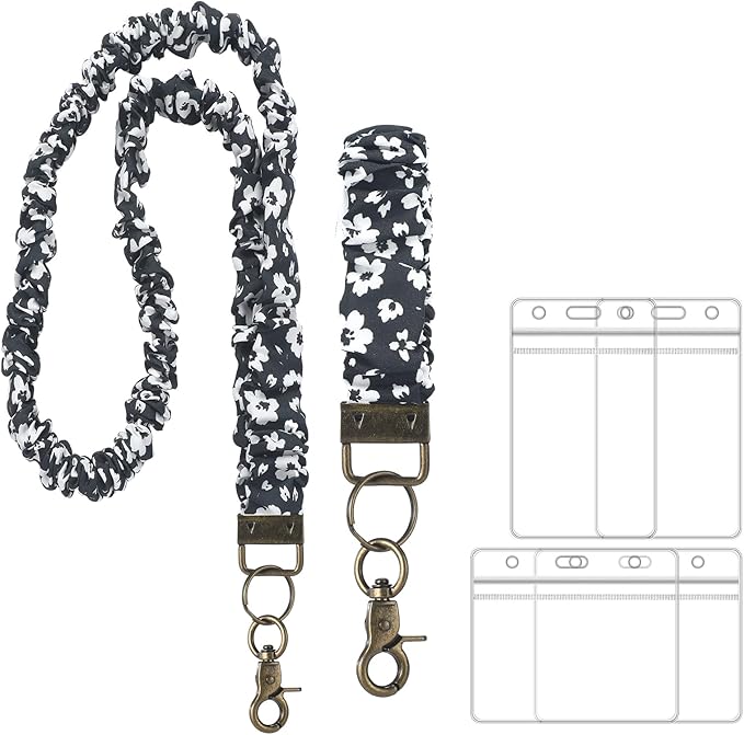 Marspark 2 Set Scrunchie Lanyards with 4 Card Holders for ID Badges and Keys Cute Stretchy Scrunchie Neck and Wrist Lanyards for Teacher Women Nurses School Office Supplies(Black, White Floral)