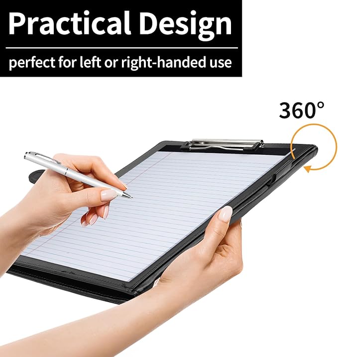 Professional Padfolio with Clipboard, Faux Leather Portfolio Folder Binder, Legal Pad Holder for A4 Letter Size Notepad, Resume, Writing Pad, Ideal Organizer for Business Office Conference, Black