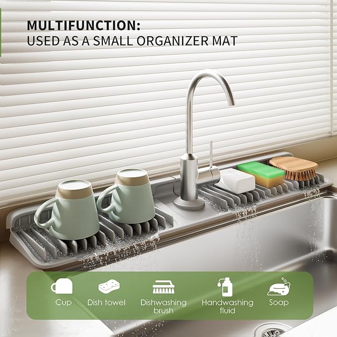 Faucet Mat for Kitchen Sink, 24 Inch Longer Silicone Sink Splash Guard, 7°Slope Fast Self-draining, Fast Drying Tidy Faucet Mat Splash Guard
