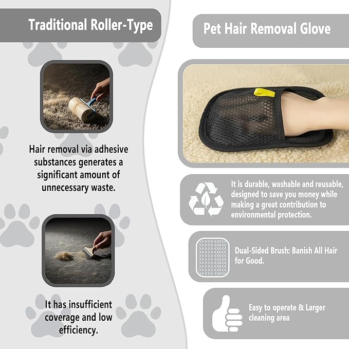 Pet Hair Removal Glove for Dogs & Cats, Reusable Electrostatic Glove for Clothes, Couch,Carpets,Car Seat, Individually Wrapped 1 Pack Black, L