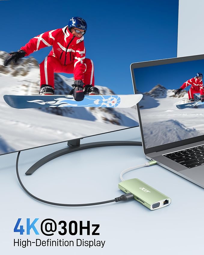 Acer USB C Hub with 4K HDMI, 9-in-1 USB C to Ethernet Adapter, 5Gbps USBA 3.0 Docking Station, VGA Splitter, SD Card Reader, PD 100W Charging for MacBook, Acer, Laptops, Surface and More (Green)