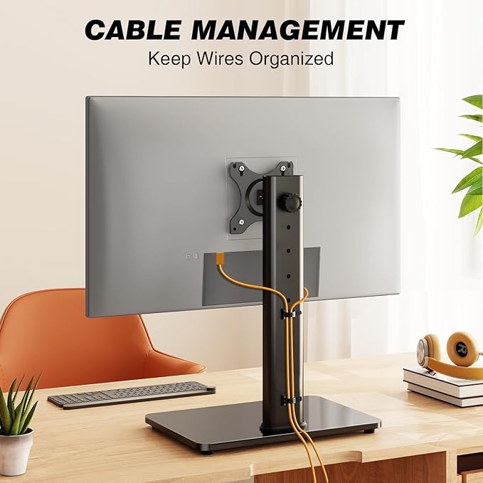 Single Monitor Stand VESA Mount for 13-32 Inch Screens, Free-Standing Monitor Riser with Swivel Tilt Rotation Height Adjustable, Universal Desk Stand up to 44lbs, VESA 75x75, 100x100mm