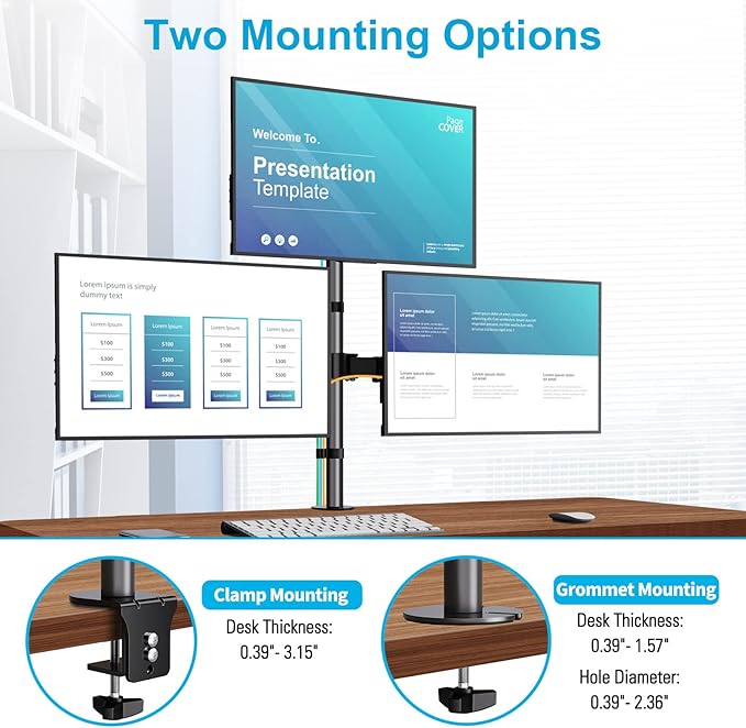 MOUNTUP Triple Monitor Stand, Height Adjustable Monitor Desk Mount Fit for 17 to 32 Inch Computer Screens, Stacked Monitors Arm for 3 Monitors, with C-Clamp and Grommet Base, up to 17.6lbs per Arm