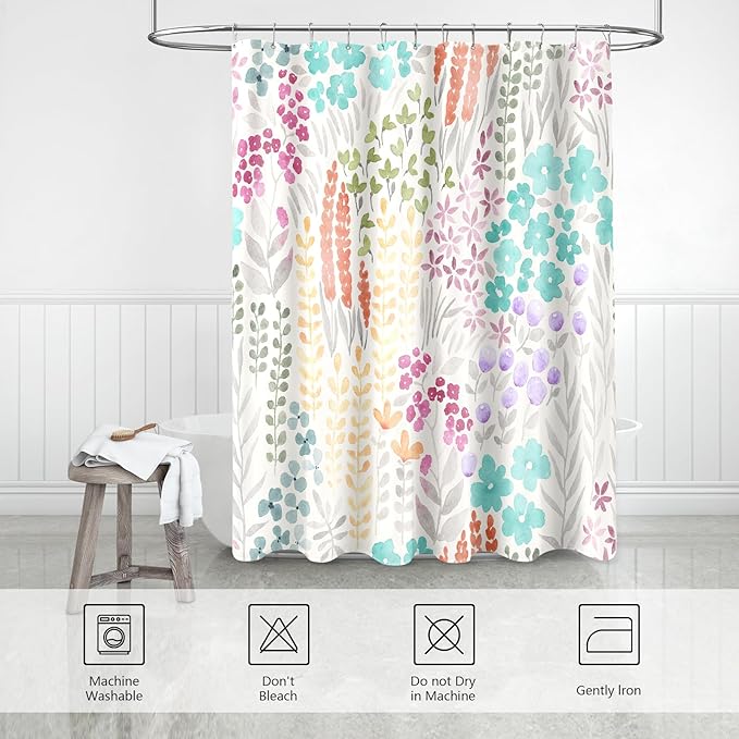 Long Shower Curtain 72 x 78 Inch, Teal Blue Tall Cute Floral Shower Curtain for Bathroom, Turquoise Wildflower Boho Cottagecore Fabric Shower Curtain Set with Hooks