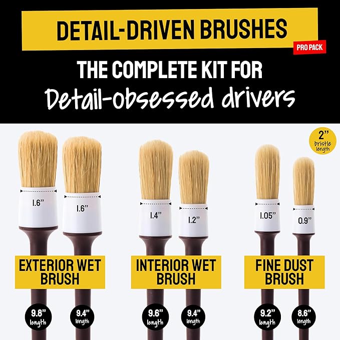 Boar Hair Detailing Brush Set - 9-Pack - Includes Wheel, Tire Brush & Tire Dressing Applicator - Soft Boar Hair Bristles - Scratch-Free Car Wash - Crevice Tools for Vents & Emblems