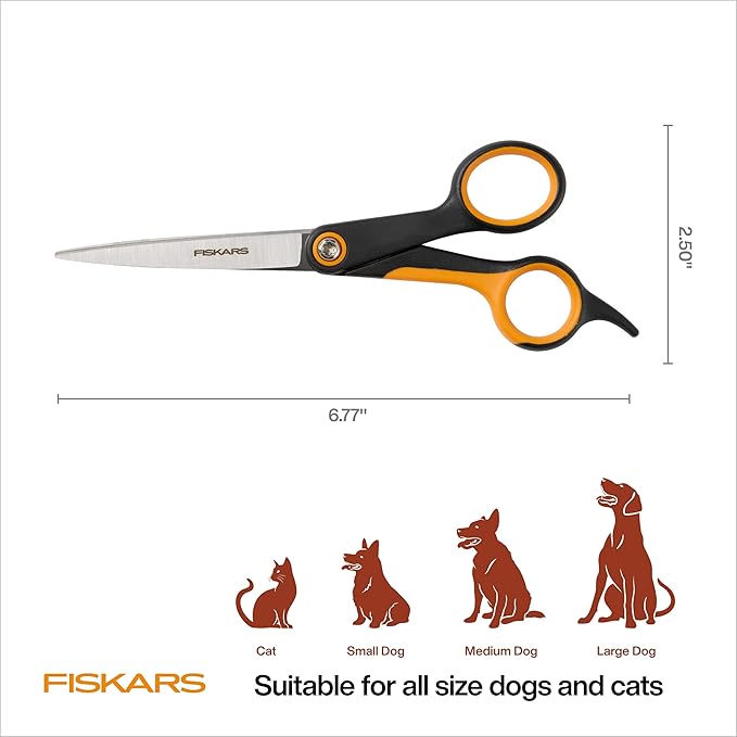 Fiskars Pet, Dog & Cat Grooming Scissors, Precision Stainless Steel Blades & SoftGrip Handle, Cat and Dog Supplies, 6.75”, Orange/Black, Trimming Scissors