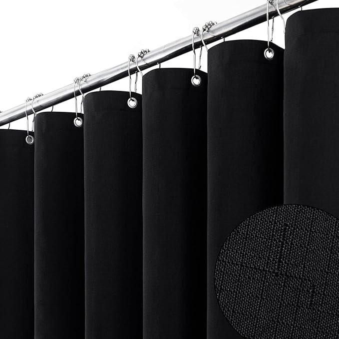 BTTN Extra Long Shower Curtain - 84 Inch Long Linen Textured Weighted Fabric Shower Curtain Set with 12 Plastic Hooks, Hotel Luxury Decorative Curtains for Bathroom Showers and Bathtubs - 72x84, Black