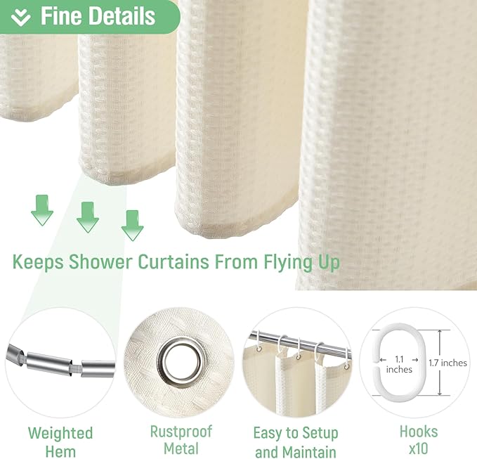 Dynamene Stall Fabric Shower Curtain - 60 x 84 inch Waffle Weighted Thick Cloth Shower Curtain for Bathroom, Cream/Ivory
