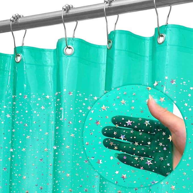 Green Holographic 3D EVA Shower Curtain Liner Glitter Star, 72x72 Premium Light Weight Plastic Bathroom Shower Curtain with Rustproof Metal Grommets for Shower Stall, Bathtubs(No Hooks)