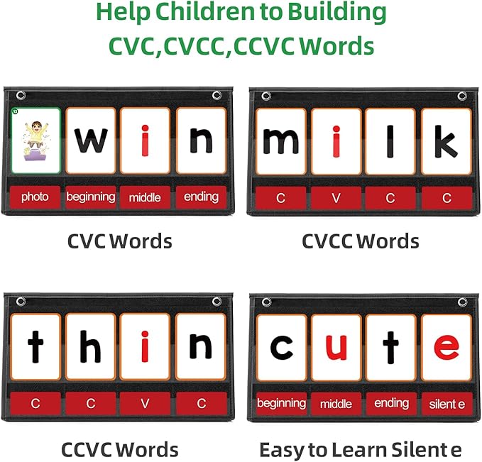 CVC Word Builder Desktop Pocket Chart with 107 Phonics Flash Cards, Kids Word Builder Games for Learn to Read CVC CVCC CCVC Words, Phonics Learning Tool for Preschool Kindergarten Classroom.