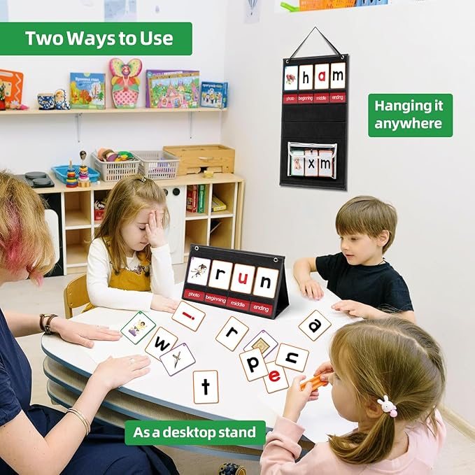 CVC Word Builder Desktop Pocket Chart with 107 Phonics Flash Cards, Kids Word Builder Games for Learn to Read CVC CVCC CCVC Words, Phonics Learning Tool for Preschool Kindergarten Classroom.