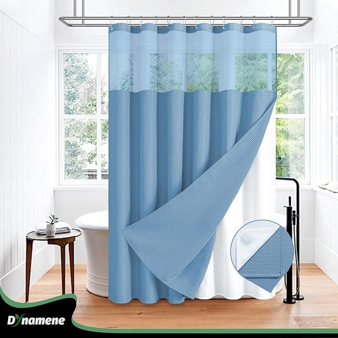 Dynamene Extra Long Shower Curtain, 84 Inch Long Waffle Fabric Shower Curtain for Bathroom, Tall Waterproof Cloth Shower Curtain Set with Hook, Snap in Liner, Mesh Top Window, Moonlight Blue, 72x84