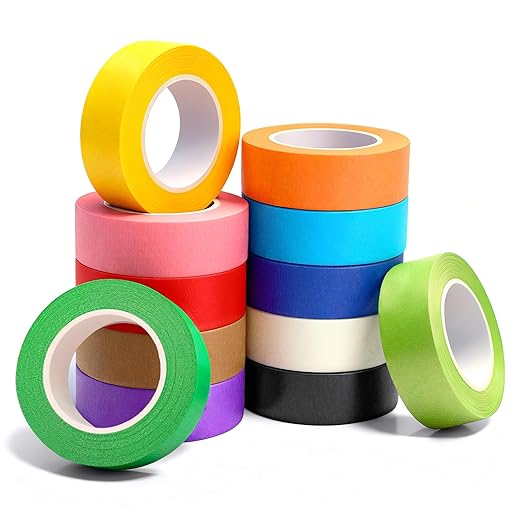 12PCS Colored Masking Tape, Colored Tape for Kids Art Supplies, DIY Craft Tape, Colored Painters Tape for Labeling, Classroom, Decorative, Rainbow Color Tape Rolls 1In x 13Yards(2.5cm x 12m)