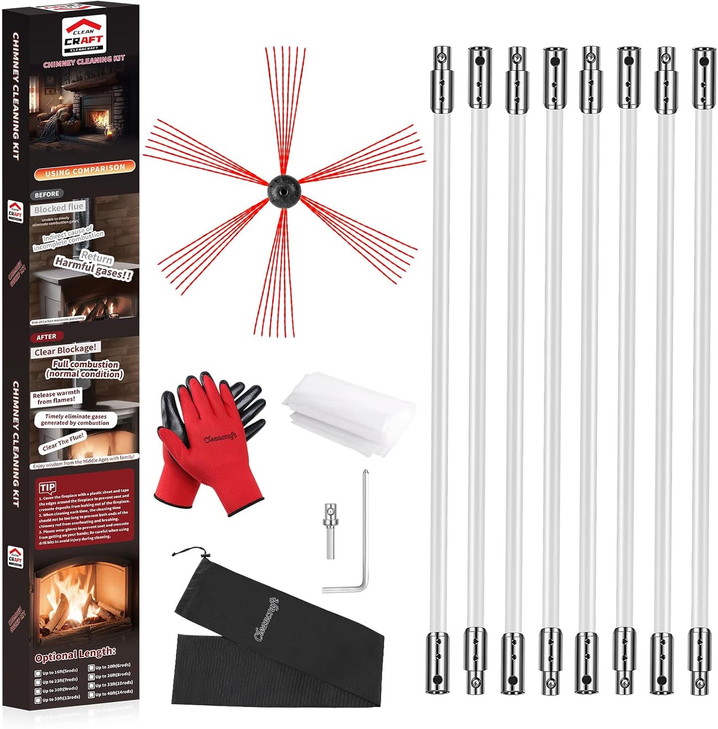 26 Feet Chimney Sweep Kit, Chimney Cleaning Kit with 8 Flexible White Chimney Rods, Chimney Brush, Rotary Chimney Cleaning System Driven by Drill for Sweeping Fireplace