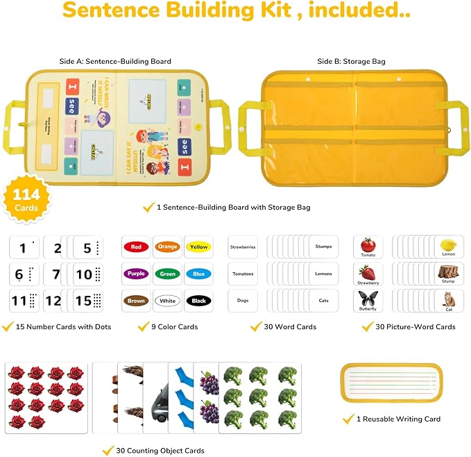 CHEFAN 114 PCS Sentence Building for Kids, Speech Therapy Materials with Writing Board, Educational Learning Games for Special Education, Reading & Language Development (Ages 3-7)