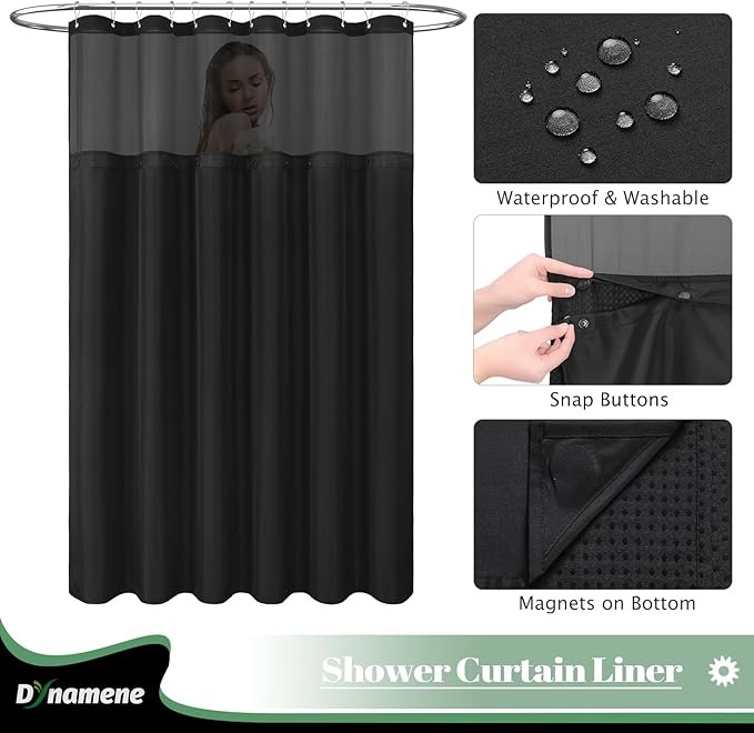 Dynamene Extra Long Shower Curtain, 84 Inch Long Waffle Fabric Shower Curtain for Bathroom, Tall Waterproof Cloth Shower Curtain Liner Set with Hook, Snap in Liner, Mesh Top Window, Black, 72x84
