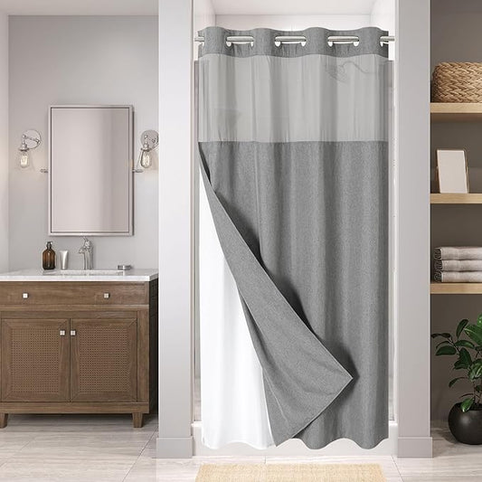 Stall No Hooks Needed Linen Textured Shower Curtain with Snap-in Fabric Liner Set,Hotel Luxury Decor Shower Curtains for Bathroom,Waterproof & Washable,60Wx74H,Grey/Gray
