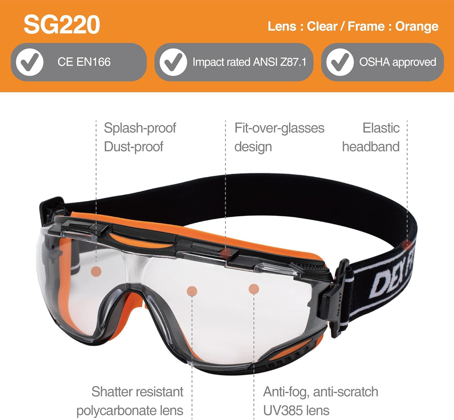 DEX FIT Protective Safety Goggles SG220; Anti Fog & Scratch, Z87 Eye Protection for Lab, Science, and Chemistry Work, Adjustable for Women and Men, (Black & Orange Frame, Clear Lens, 19cm Strap)