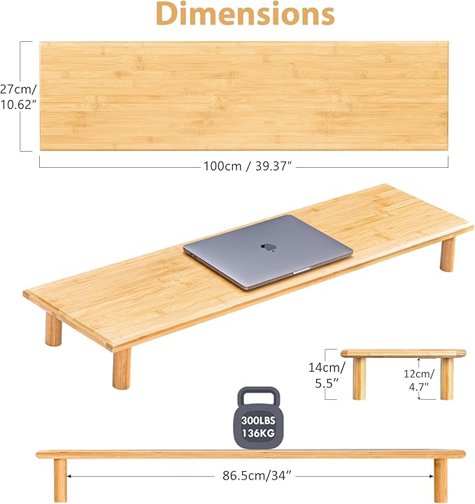 Bamboo Dual Monitor Shelf, Monitor Stand Riser with Underneath Storage for Desk Office Supplies, Supports Heavy TV up to 300 lbs, Natural