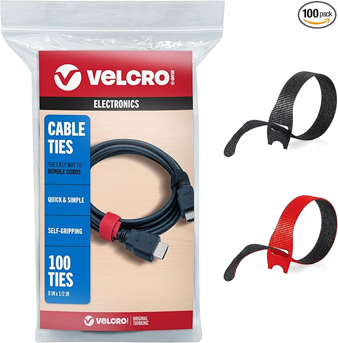 VELCRO Brand Cable Ties, 100Pk - 8 x 1/2" Red and Black, Reusable Alternative to Zip Ties, ONE-WRAP Thin Pre-Cut Cord Organization Straps, Wire Management for Office or Home, VEL-30200-AMS, Black/Red