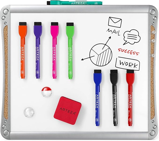 Arteza Framed Magnetic Cork Whiteboard Set, 12x14 inches, 2-Pack Dry Erase Lap Boards with Push Pins, Markers & Magnets, Office & Back to School Supplies for Home, Classroom, Students, Brainstorming
