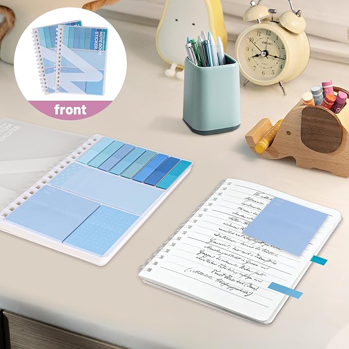 2 Pack Multi-Functional Sticky Note Set with Bible Tabs 440 Transparent Post it Notes 120 Page Notebook for Bible Study Office Supplies (Blue)