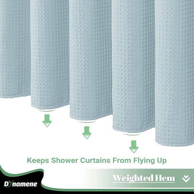 Dynamene Fabric Shower Curtain with Snap in Liner, Fog Blue Waffle Hotel Shower Curtains for Bathroom, Washable Waterproof Cloth Shower Curtain Liner Set with Hook, Mesh Top Window, 72x72, Fog Blue