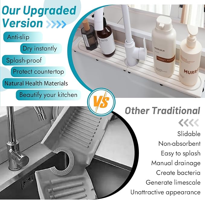 Faucet Mat for Kitchen Sink with Raised Feet, Stone Sink Mat Quick Dry around Faucet, Water Absorbent Stone Tray, Sink Splash Guard & Protectors, Stone Drying Mat for kitchen Counter
