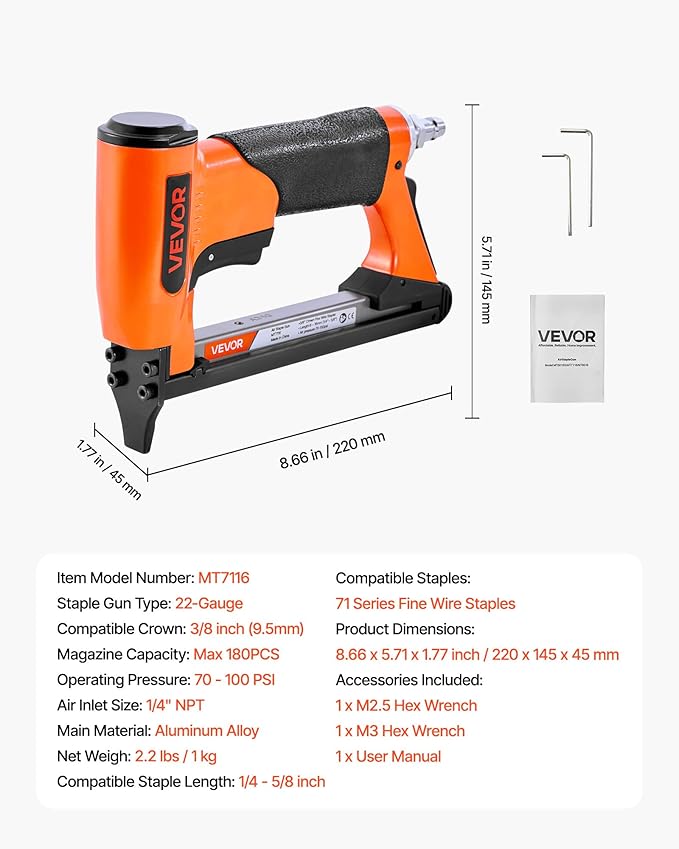 VEVOR Pneumatic Staple Gun, 22 Gauge Air Upholstery Stapler for 71 Series Fine Wire Staples 3/8" Crown 1/4"-5/8" Length, Max 180PCS Loading Air Staple Gun for Upholstering, Woodworking, DIY Projects