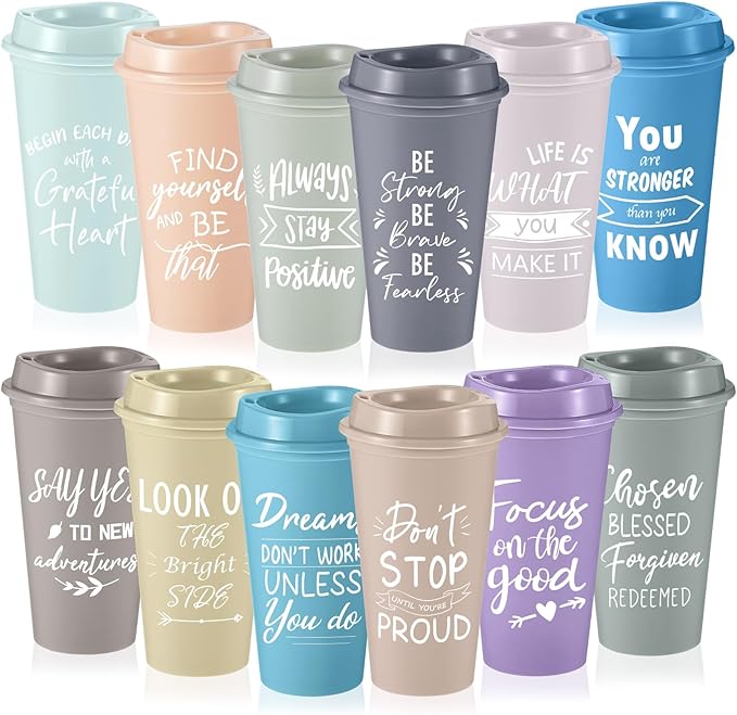 12 Pcs Inspirational Gifts for Employee Coworkers Staff Teammate, 16oz Reusable Plastic Coffee Cups with Positive Sayings, Bundle Gifts for Woman Man Coworker (Light Morandi,Inspirational)