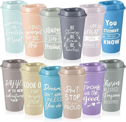 12 Pcs Inspirational Gifts for Employee Coworkers Staff Teammate, 16oz Reusable Plastic Coffee Cups with Positive Sayings, Bundle Gifts for Woman Man Coworker (Light Morandi,Inspirational)