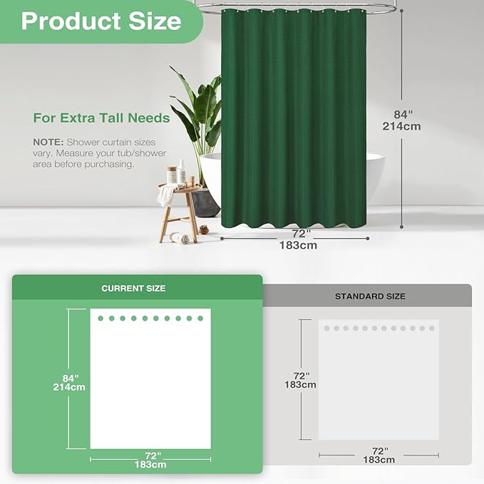 Dynamene Extra Long Shower Curtain - 84 Inch Long Waffle Weave Heavy Duty Fabric Bathroom Shower Curtain, Neutral Weighted Hotel Thick Bath Curtain Set with 12 Plastic Hooks,72x84, Dark Green
