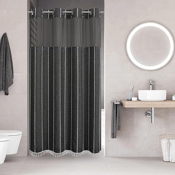 No Hook Stall Shower Curtain with Snap-in Fabric Liner - 54x80 Heavy-Duty Linen Textured Striped Design,Narrow Rustic Modern Farmhouse Bohemian Bathroom Curtain,Water-Repellent,Charcoal Grey