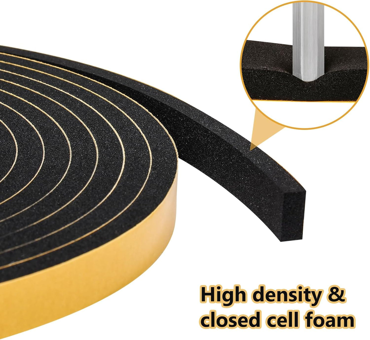 Weather Stripping Seal for Door Window, High Density Foam Tape, Soundproofing, Insulation Strip, Door Sealers for Door Frame (Black, 1/2 Inch X 1/2 Inch X 10Feet)