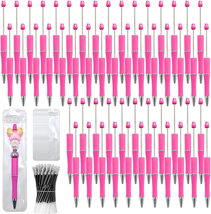 150 Pieces DIY Beadable Pen Kit – 50 Plastic Ballpoint Pens with Refills & Bags – School Supplies, Office Accessories & Decorative Items for Students & Teachers (Rose Red)