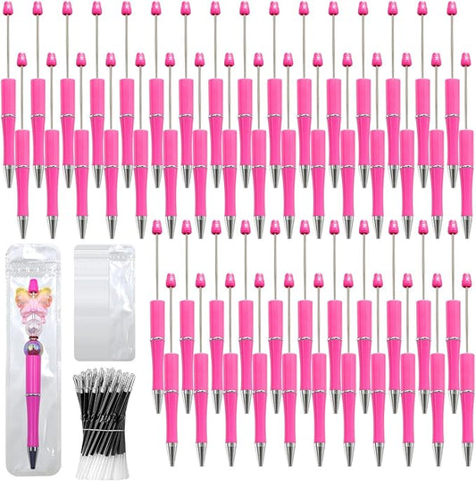 150 Pieces DIY Beadable Pen Kit – 50 Plastic Ballpoint Pens with Refills & Bags – School Supplies, Office Accessories & Decorative Items for Students & Teachers (Rose Red)
