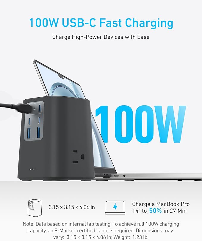 Anker Desktop Charger, 9-in-1 Power Strip with 300J Surge Protector, 5ft Flat Plug Extension Cord with Multiple Devices, 100W USB C Charger with 3 AC, 2 USB A, 4 USB C, Home Office, Desk Accessories