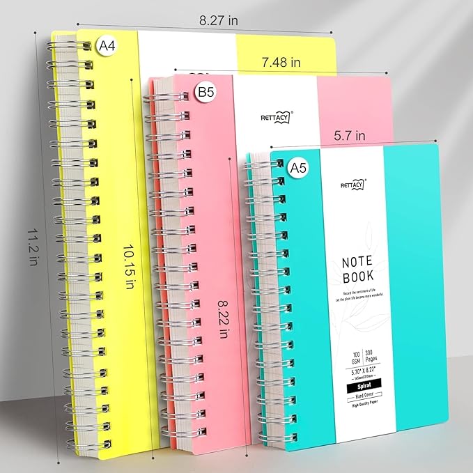 RETTACY Spiral College Ruled Notebook, 300 Pages, B5 Medium Size (7.4" x 10"), for School, Work, Writing, Journaling, 100 GSM Thick Paper, Flexible Plastic Cover (Tiffani Blue)