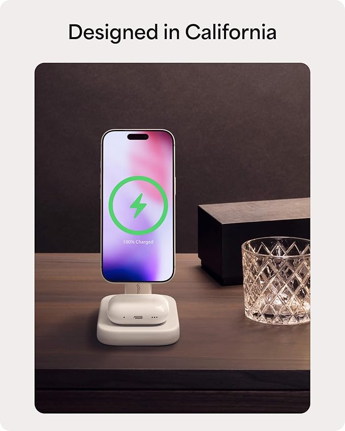Mophie 2-in-1 Wireless Charging Stand - Qi2-Certified, MagSafe Charger for iPhone & AirPods – Fast Charging Station with Adjustable Phone Stand & Cable Management – Up to 15W Power