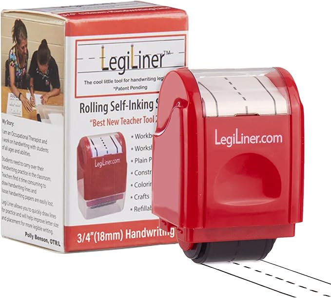 LEGILINER 3/4" Dashed Handwriting Line (RED) Teacher Stamp – Tri-Line Dashed Pattern. Classroom & Home Use. Refillable Ink Writing Practice Roller Stamp.