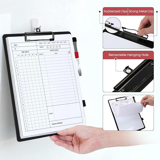 Hardboard Dry Erase Clipboard | 9”x12.5” Premium PU Leather Executive Clipboard with Anti-Ghosting Surface | Strong Clip Holds Letter & A4 Paper | for Office, School, Teacher, Nurse (Black)